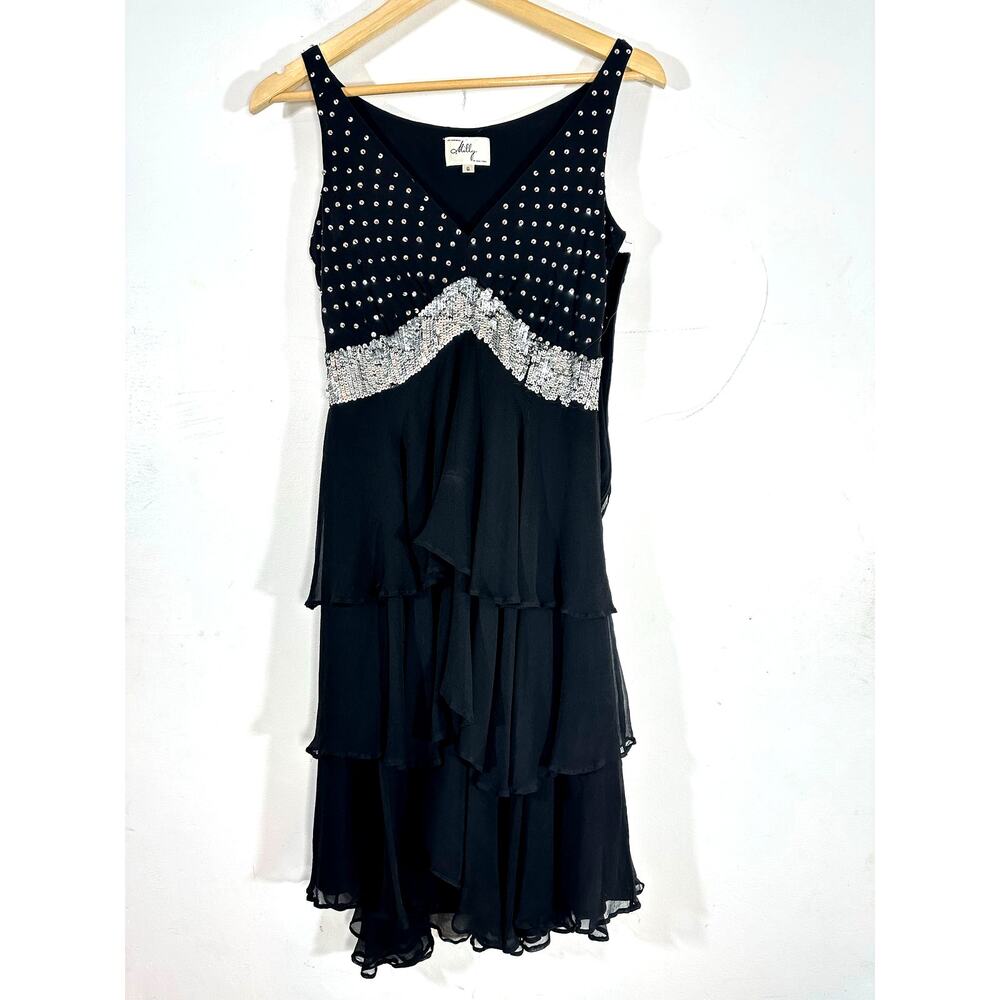 MILLY of NEW YORK silk sequin tiered skirt flattering cocktail dress womans 6